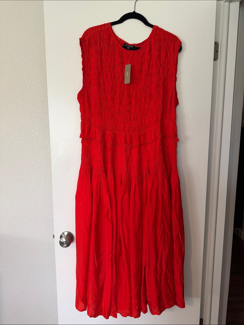 J Crew Red Sleeveless Smocked Midi Dress